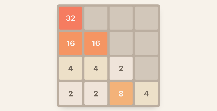 Oyun ortasında 2048 tahtası: eşit karolar birleşerek 2048 karosuna doğru ilerliyor